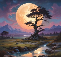 Wall Mural - Illustration of fantasy landscape with glowing shiny moon.