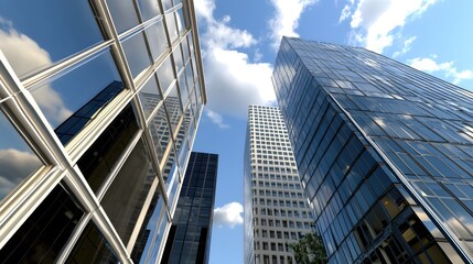 Poster - Modern Cityscape Skyscrapers Reflecting Clouds Blue Sky Architecture Design