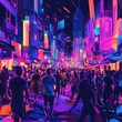 © RizArt - Vibrant City Street Night Scene Crowded with People