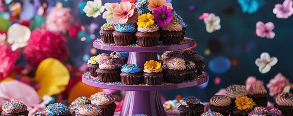 Wall Mural - Delicious chocolate cupcake assortment adorned with vibrant edible flowers for a delightful treat.