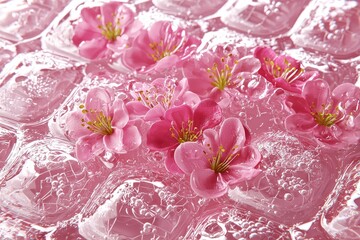 Poster - Delicate Pink Cherry Blossoms Floating on a Pink Gel Surface