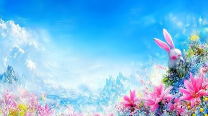 Wall Mural - Springtime Fantasy Bunny in a Flowery Mountain Meadow