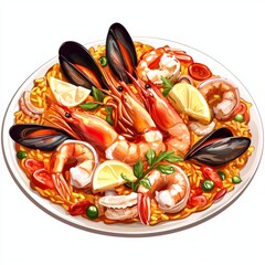 Wall Mural - Colorful seafood platter featuring shrimp, mussels, lemon, and spices on a bed of flavorful rice in a vibrant presentation