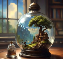 Wall Mural - Illustration of fantasy landscape inside glass jar.