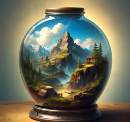 Wall Mural - Illustration of fantasy landscape inside glass jar.