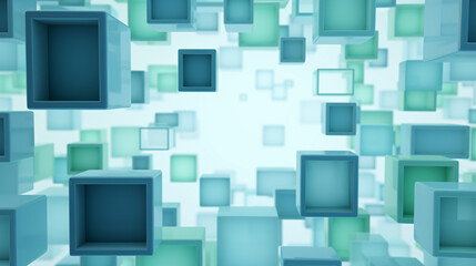 Leinwandbilder - A 3D render showcasing six geometric shapes in varying sizes falling on a green background with cubes and dynamic lines, ideal for tech-themed visuals and abstract design compositions.

