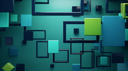 Leinwandbilder - A 3D render showcasing six geometric shapes in varying sizes falling on a green background with cubes and dynamic lines, ideal for tech-themed visuals and abstract design compositions.

