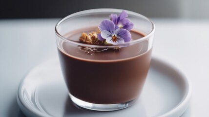 Wall Mural - Decadent chocolate panna cotta elegantly adorned with a delicate edible flower garnish.