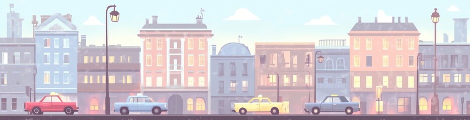 Poster - Cartoon city street scene with cars at sunset.