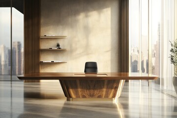 Sticker - Modern office, wood desk, city view, sunrise