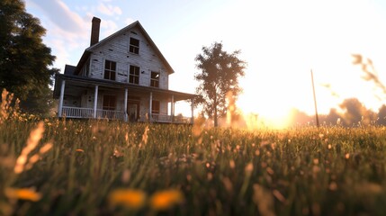 Poster - Abandoned farmhouse sunset, rural field