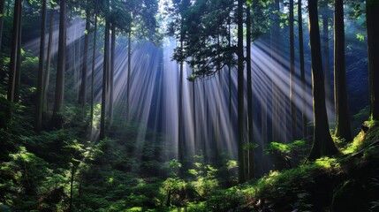 Wall Mural - Sunbeams Illuminating Mystical Forest Deep Woods