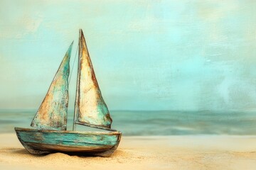 Canvas Print - Weathered sailboat on a sandy beach, tranquil ocean backdrop.