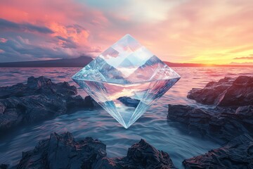 Wall Mural - Reflective rippling waters and jagged volcanic rocks enhance a diamond-shaped clear glass billboard under a vivid sunset, sharply focused.