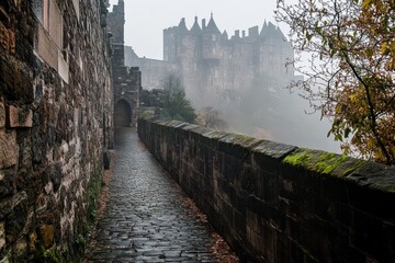 Poster - Misty path leading to an ancient stone castle on a foggy day.