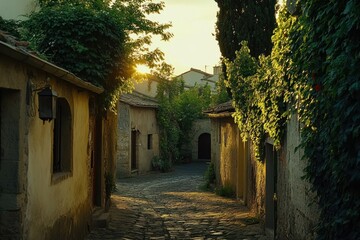 Wall Mural - Sunlit cobblestone alleyway in a historic village, with ivy-covered buildings and warm sunset light.