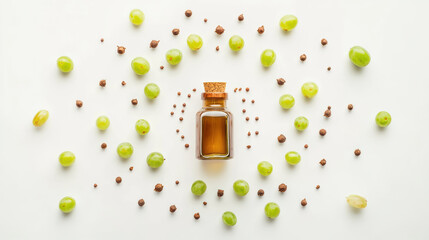 Small corked bottle of grape seed oil surrounded by green grapes and seeds, creating fresh and natural aesthetic. Perfect for culinary or wellness themes