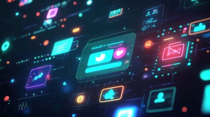 Abstract digital interface with social media icons and network connections.