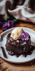 Wall Mural - Decadent chocolate fondant adorned with edible flowers and a scoop of creamy vanilla ice cream.