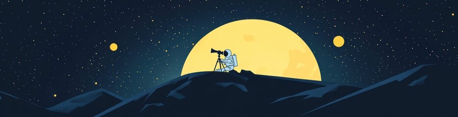Wall Mural - astronomer on mountain peak using telescope to observe a large moon and stars at night.