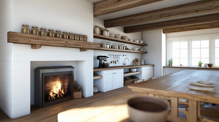 Wall Mural - Cozy farmhouse kitchen with fireplace, shelves, and wooden table