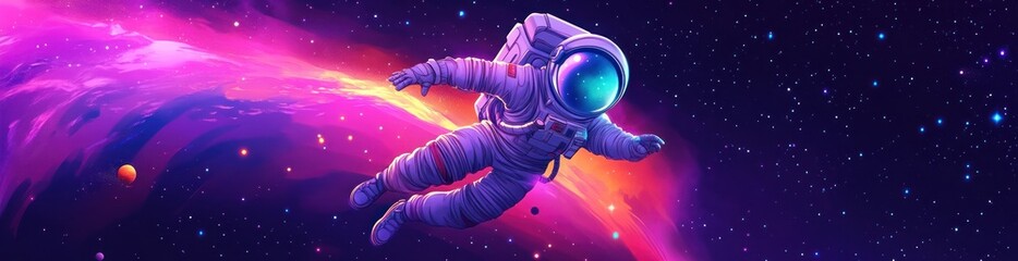 Wall Mural - astronaut floats in vibrant nebula, cosmic background.