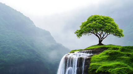 Wall Mural - Scenic tree atop a hill with cascading waterfall, surrounded by misty mountains and lush greenery.