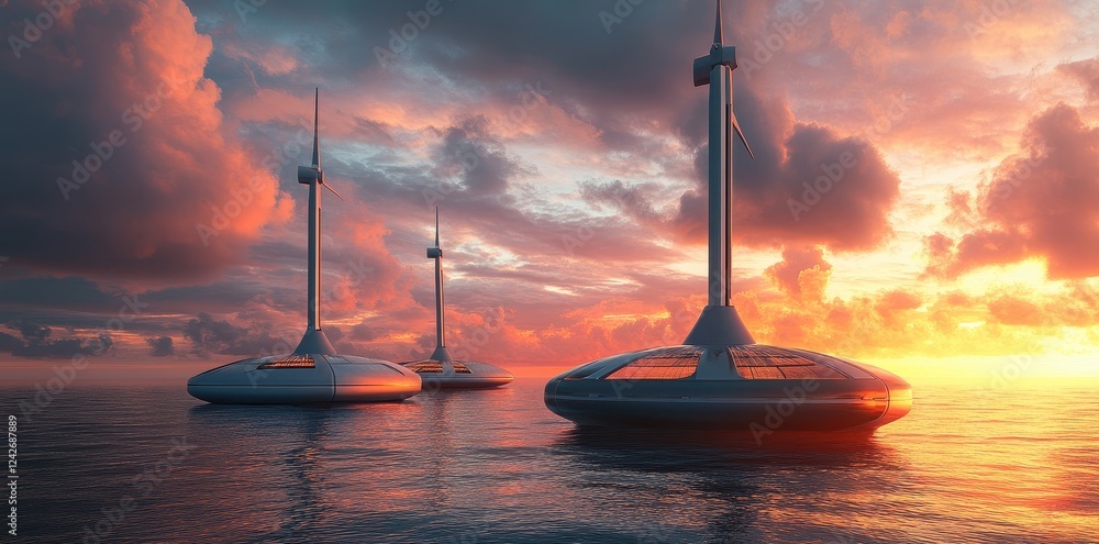 Offshore floating wind turbines generating clean energy in the open sea ...