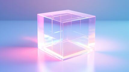 Fototapete - A minimalist scene featuring a transparent holographic cube, perfect for use in high-tech product displays, banners, and modern presentations, showcasing innovation and advanced design.

