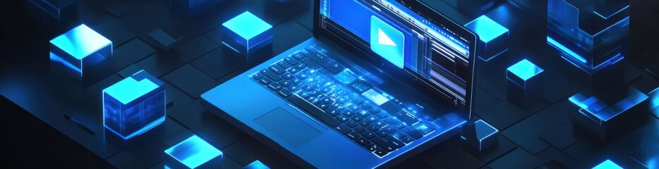 Laptop screen displaying video amidst glowing blue digital cubes.