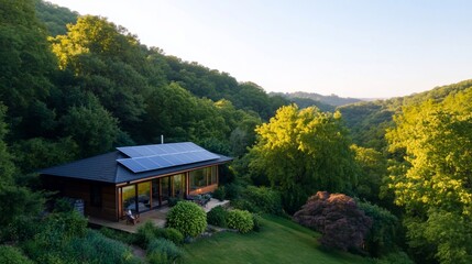 Sticker - Eco-friendly house, solar panels, hillside, forest