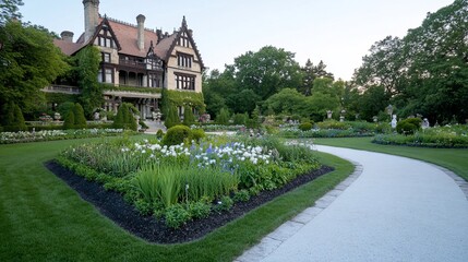 Poster - Estate garden path, mansion backdrop, sunset