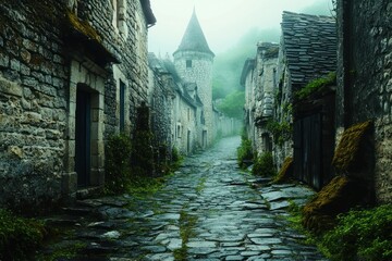 Canvas Print - Misty cobblestone street in a quaint, ancient stone village with a tower.