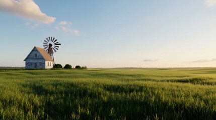 Canvas Print - Farmhouse, windmill, sunset, field, rural landscape