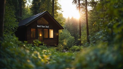 Wall Mural - Forest cabin sunset tranquility escape