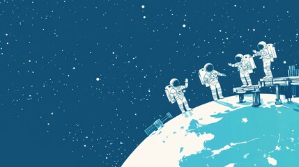Wall Mural - four astronauts on a spacewalk above earth, against a starry backdrop.