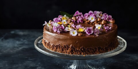 Wall Mural - Decadent chocolate and hazelnut praline cake adorned with vibrant edible flowers for a stunning dessert presentation.