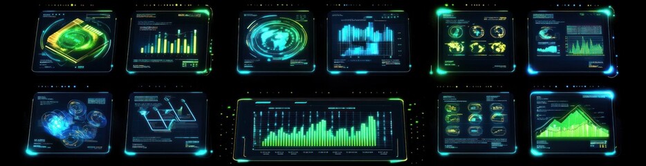 Futuristic digital interface displays showing various data charts and graphs on dark background.