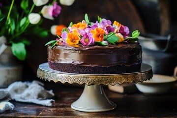 Wall Mural - Delicious chocolate and orange cake adorned with vibrant edible flowers, elegantly displayed on a rustic wooden table.