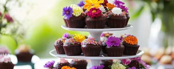 Wall Mural - Delicious chocolate cupcake assortment adorned with vibrant edible flowers for a delightful treat.