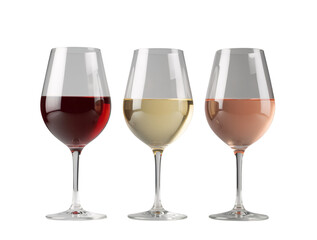 s three elegant wine glasses arranged in a row, each containing a different type of wine.