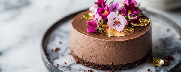 Wall Mural - Indulge in a luxurious chocolate mousse cake adorned with vibrant edible flowers for a stunning dessert experience.