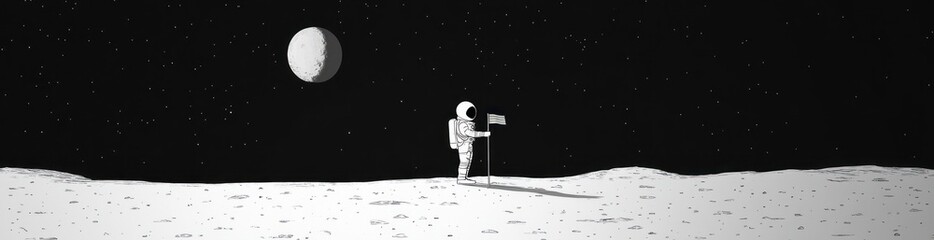 Wall Mural - astronaut on moon's surface planting flag, half-moon in background.