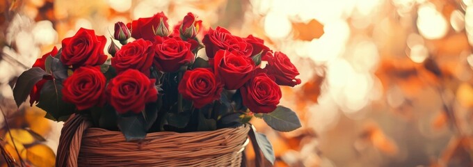 Poster - A basket of red roses in autumnal setting.