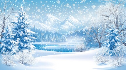 Poster - Snowy winter landscape with lake, mountains, and snow-covered trees.