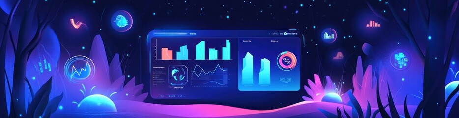 Futuristic dashboard with charts and graphs displayed on a screen in a mystical forest.