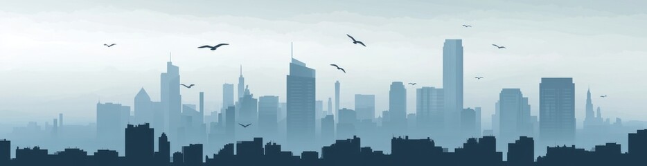 Wall Mural - Misty city skyline with birds flying.