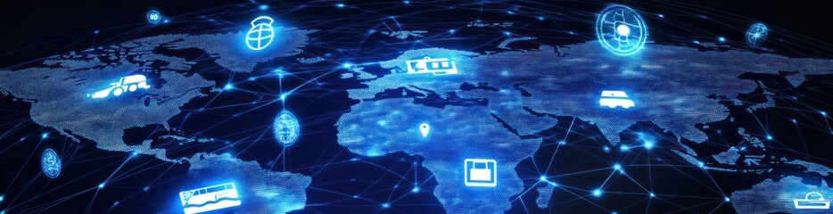 Global network connection, digital world map with glowing icons representing data transfer and communication.