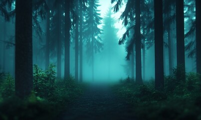 Wall Mural - Misty forest path, trees, fog, nature, mystery, background, tranquil scene, wallpaper