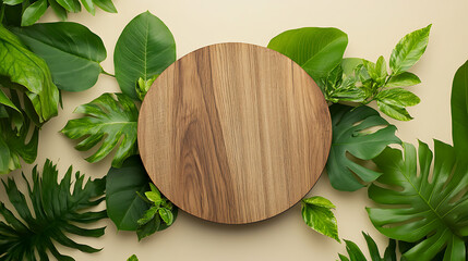 Wall Mural - Circular wooden slab surrounded by vibrant green foliage on a light background.